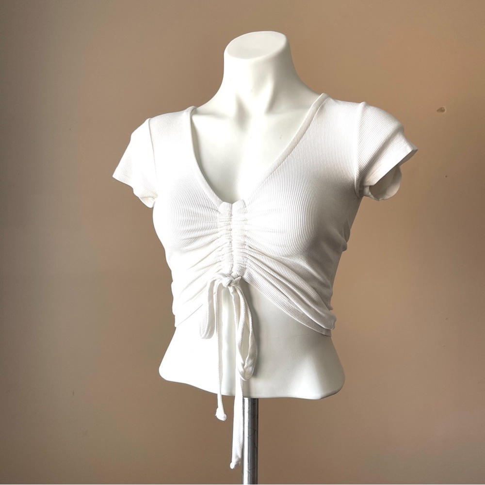 ALL SAINTS | White Ribbed Ruched Crop Top - Sz S - Picture 4 of 8